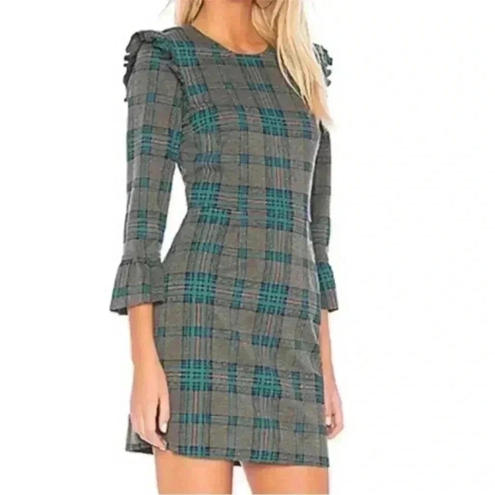 J.O.A. Gray Green Plaid Ruffle Sleeve Mini Sheath Dress Size S NWT
